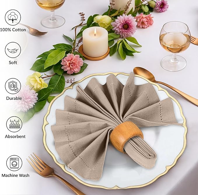 Ruvanti Cloth Napkins - 100% Cotton Dinner Napkins, Hem Stitched Corners, 18x18 Inch, 12 Pack - Soft, Absorbent, Durable, Reusable, Wrinkle Resistant for Formal Dining & Everyday Use - Light Taupe
