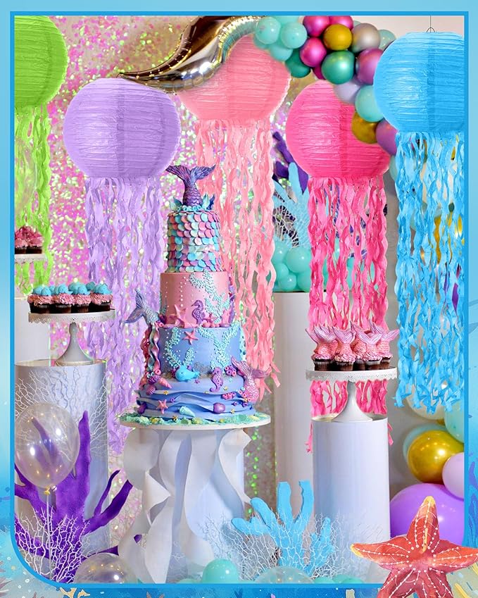 18 Pcs Jellyfish Paper Lanterns Jellyfish Lantern Hanging Decoration Ocean Theme Party Supplies Mermaid Birthday Decorations for Baby Shower Under The Sea Birthday Party Supplies(Fresh Color)