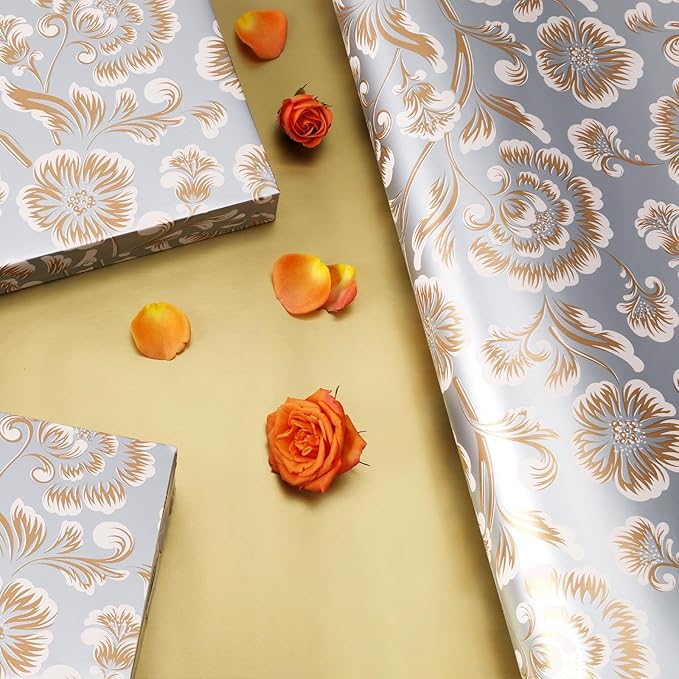 LaRibbons Reversible Floral Wrapping Paper Roll, 17Inch x 33 Feet (46.7 Sq. Ft) – Double-Sided Gold Peony Design for Wedding, Mother’s Day, Bridal Shower & Birthday