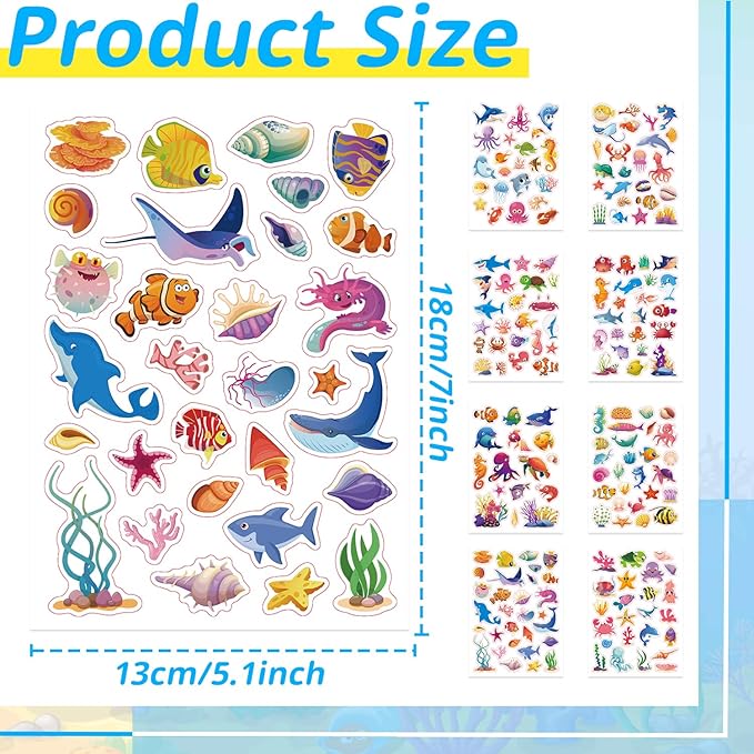 24 Sheets Ocean Stickers for Kids, 564 Pcs Under The Sea Animal Stickers Bulk Preschool Sticker Sheets for Reward Craft Scrapbooking Water Bottles Gifts Bags Cards Envelopes Decor