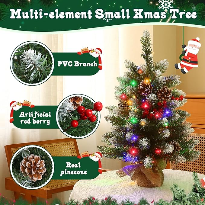 Joyhalo 2ft Small Christmas Tree with Lights Multicolor and Warm White, Flocked Pre Lit Table Top Christmas Tree, 80 Branches Mini Xmas Tree for Room Office Classroom Decoration
