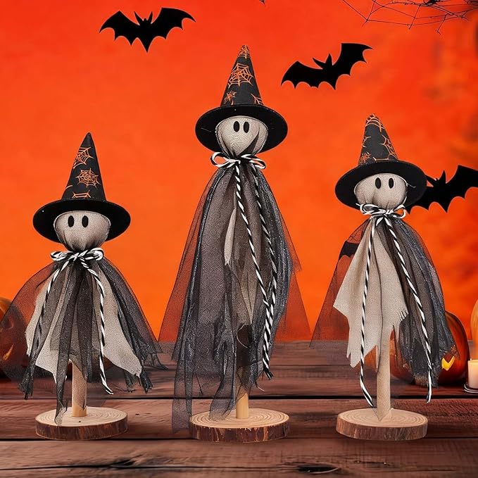 Halloween Decorations Indoor, Set of 3 Sizes Fabric Ghosts with Spiderweb Witch Hats, Primitive Wood Ghost Kit for Table Centerpiece Farmhouse Shelf Mantel Kitchen Home Decor (Black)