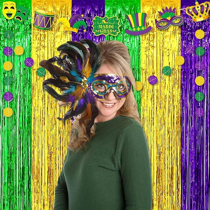 6 Pack Gold Green Purple Foil Fringe Curtains Backdrop, 3.28 x 9.8 Ft Metallic Streamers Tinsel Curtains Background for Photo Booth, Birthday, Halloween, Christmas, New Year Party Decorations
