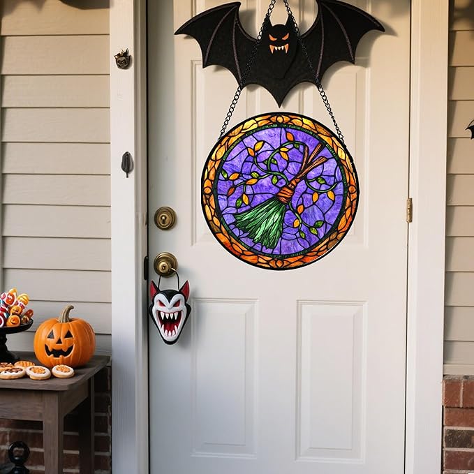 Stained Glass Window Hanging - Halloween Decorations Witch Magic Broom Suncatcher for Doors Garden Spooky Funny Purple Sun Catchers Gothic Decor Horror Gifts for Women Men Friend 9.8 in