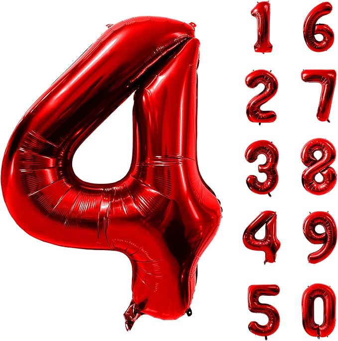 40 Inch Red Number 4 Balloon Large Red Foil Balloon Red 4 Balloons Mylar Helium Balloon for 4th Birthday Party Decorations Girls Boys Baby Shower Wedding Anniversary Decoration