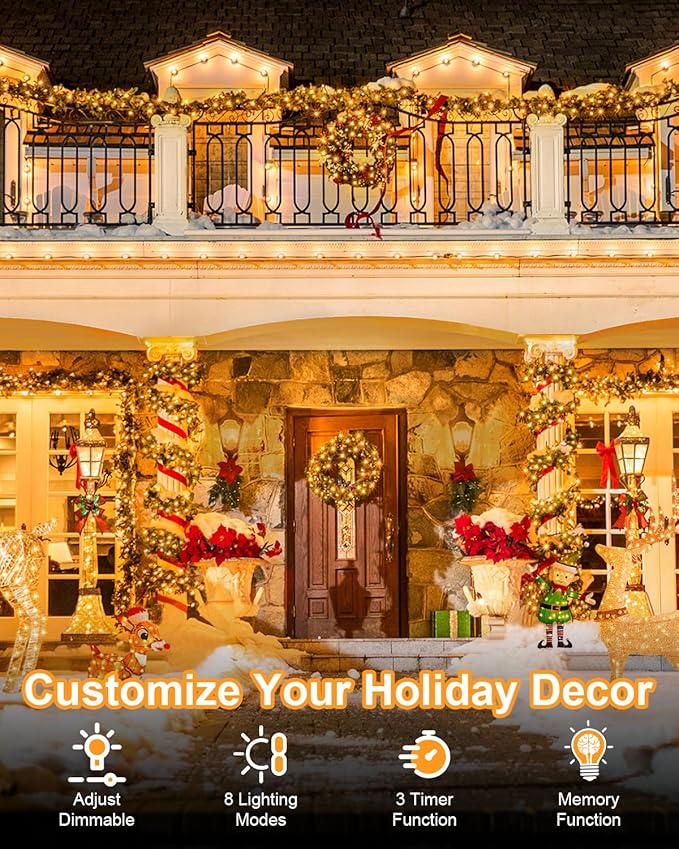 Total 250FT 760 LED Christmas Lights, 2 Packs 380 LED Outdoor String Lights Waterproof, Timer & Memory, 8 Modes Dimmable Plug in Fairy Lights for Tree Outside Xmas Holiday Decorations,Warm White