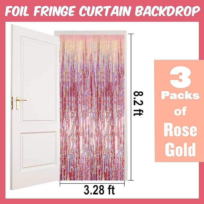 3 Pack Rose Gold Foil Fringe Curtains Backdrop, 3.28 x 8.2 Ft Metallic Streamers Tinsel Curtains Background for Photo Booth, Birthday, Christmas, Halloween, Thanksgiving, New Year Party Decorations