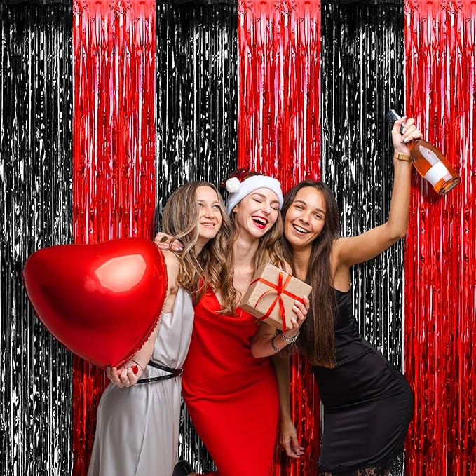 4 Pack 3.2Ft x 9.8Ft Black Red Foil Fringe Curtain Backdrop, Metallic Tinsel Foil Fringe Streamers Curtains for Photo Booth, Wedding, Casino Viva Las Vegas Game Night Birthday Party Decoration