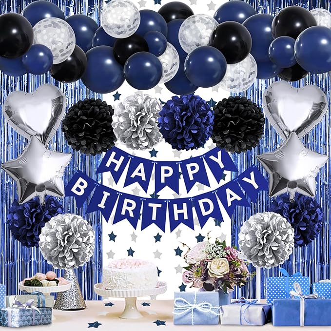ZERODECO Birthday Party Decorations for Men, Black Navy Blue Silver Happy Birthday Banner Pompoms Balloon Arch Fringe Curtain Party Décor for Men Boys Women Girls Party Decorations Kit