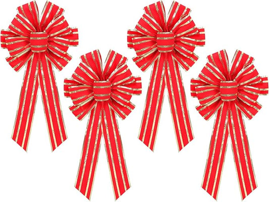 RoseCraft 4PCS Red/Gold Christmas Bow, 9”x13” Large Velvet Christmas Tree Topper Bow Ornaments for Home Xmas Tree Wreath Fence Stairs Railing Fireplace Indoor Outdoor Front Door Party Decoration.