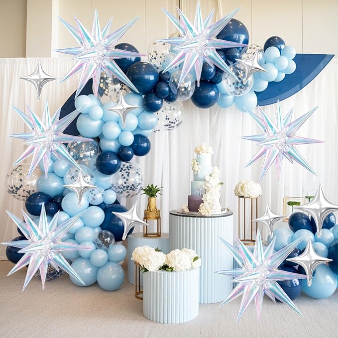 18 Pcs Iridescent Star Balloons, Iridescent Clear Stars Foil Balloon with 6 Pcs 22-Inch Explosion Star Balloons 12Pcs Silver 10-Inch Four Pointed Stars Balloon for Birthday New Year Party Decors