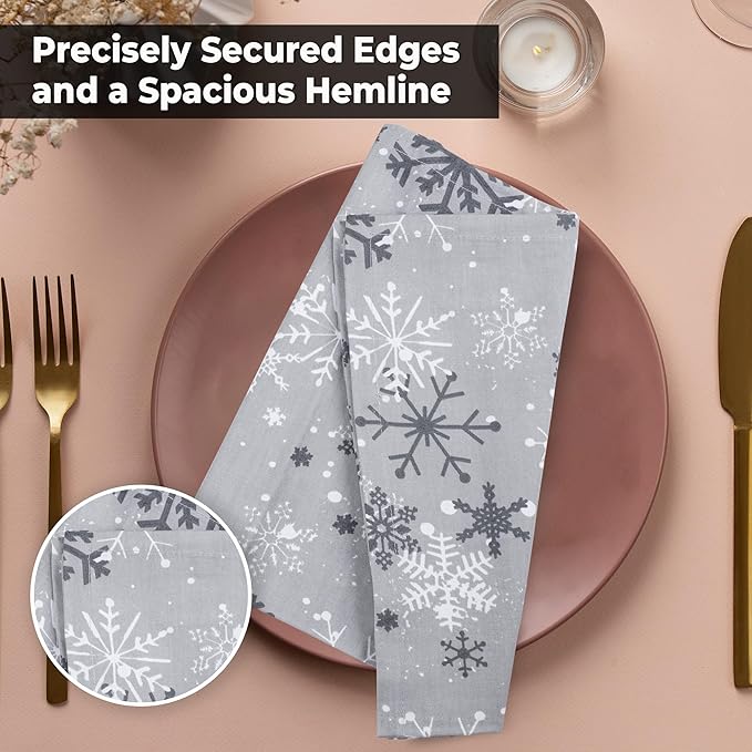 Urban Villa Christmas Dinner Napkins Grey Snowflake Print Cloth Napkins Set of 12 Size 20x20 Inches 100% Cotton Dinner Napkins for Christmas Celebrations Wedding Parties Everyday use Soft Quality