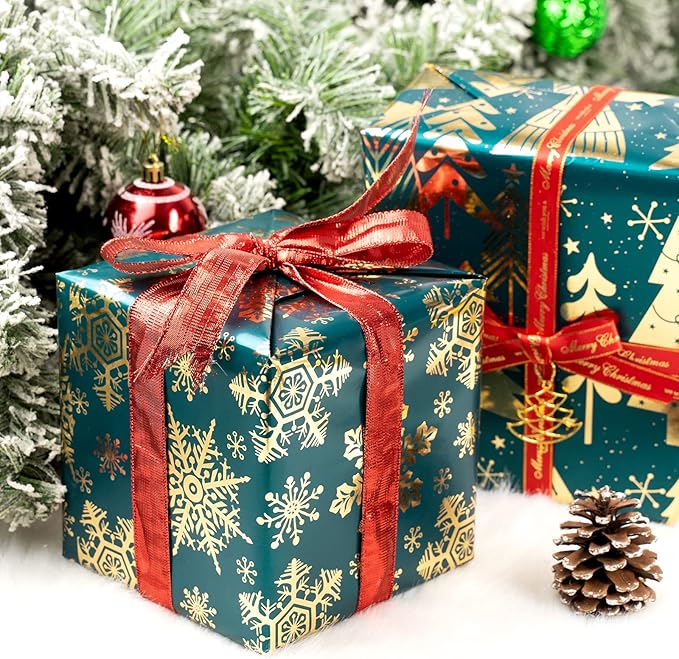 MAYPLUSS Christmas Wrapping Paper Roll - Mini Roll - 17 inch X 120 inch Per roll - 3 Different Dark Green with Glitter Metallic Foil Design(42.3 sq.ft.ttl) for Party St.Patrick's Day