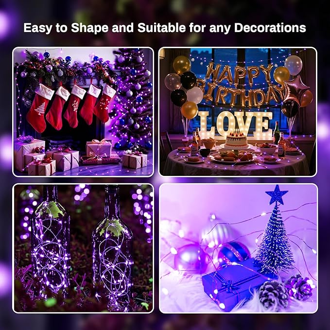 ZGWJ 100 Pack Fairy Lights Battery Operated, 7ft 20 Mini LED Fairy String Lights Silver Wire 3 Modes for DIY, Parties, Wedding, Bedroom, Halloween Christmas Decoration Purple