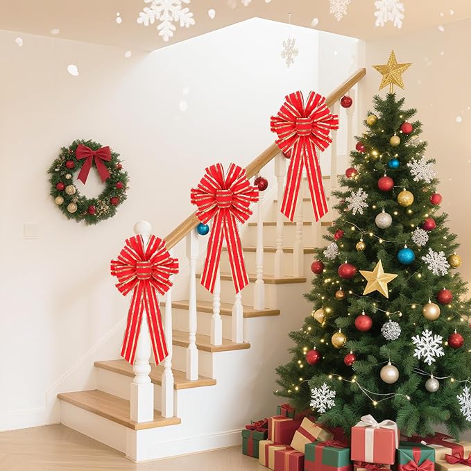 RoseCraft 4PCS Red/Gold Christmas Bow, 9”x13” Large Velvet Christmas Tree Topper Bow Ornaments for Home Xmas Tree Wreath Fence Stairs Railing Fireplace Indoor Outdoor Front Door Party Decoration.