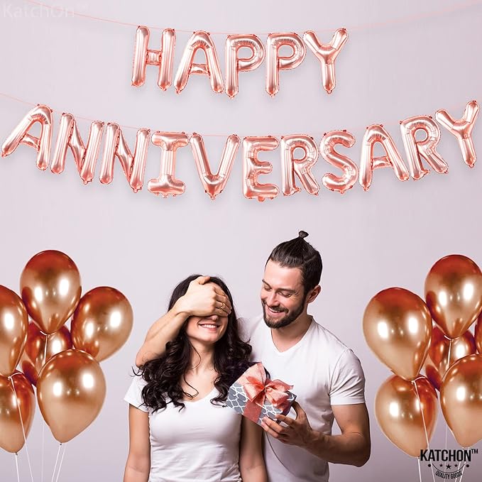 KatchOn Rose Gold Happy Anniversary Balloons Letters - 16 Inch | Anniversary Banner for Decorations | Backdrop | Balloon Banner