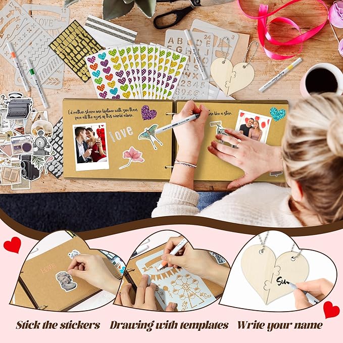 CY2SIDE Couples Photo Album Scrapbook - 111PCS The Story of Us Wooden Scrapbook Craft Kit Included Wood Cover Heart Puzzle Brown Paper Sticker and Template for DIY, Anniversary Dating Gift for Him Her