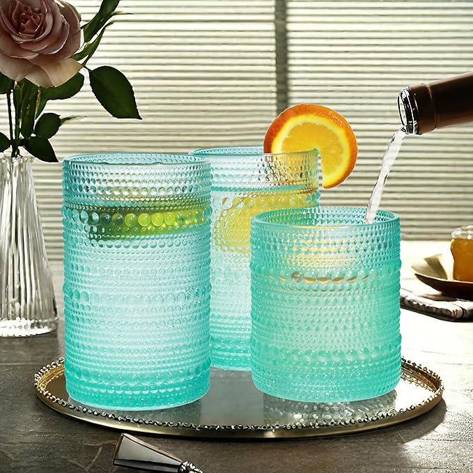 Vintage Hobnail Driinking Glasses Set, Glassware Drinking Set of 8, 12 oz Highball Glasses & 10 oz Cocktail Glasses, Tumbler Glasses for Cocktails, Whiskey, Juice, Milk