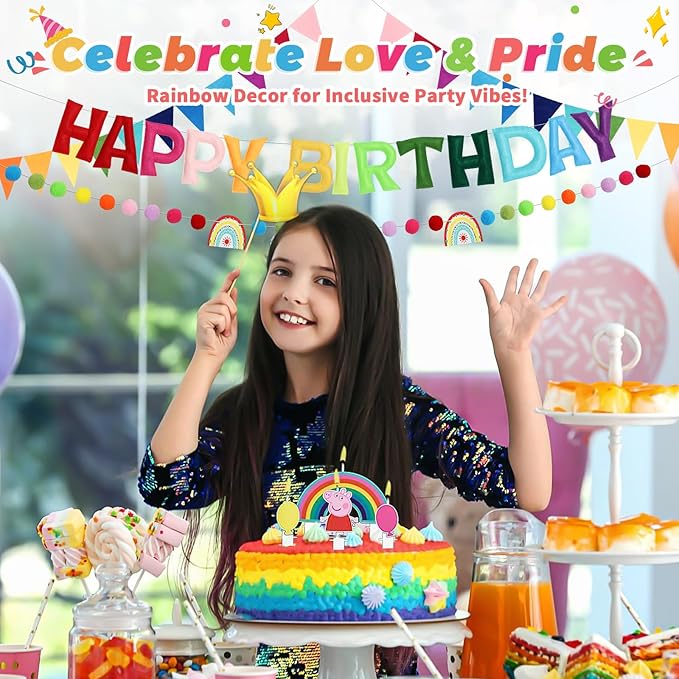 Happy Birthday Banner Set- Pre Strung Reusable Felt 3D Happy Birth Day Sign Banner, Pompom Garland, Bunting Flags and Bow Garland for Birthday Party Decorations for Women Men Boys Girls