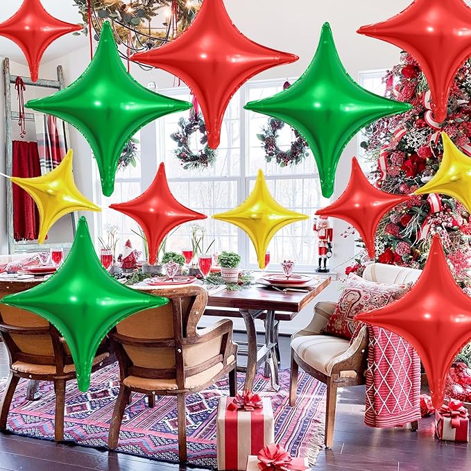 Red Green Gold Christmas Balloons,12Pcs Four Angle Star Foil Balloons,26Inch and 10Inch Red Green Gold Quadrangle Helium Polyester Balloon for Christmas Xmas New Year Birthday Party Decorations