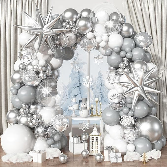 White Silver Balloons Garland Arch Kit, 113pcs White Grey Clear Balloons, Confetti Silver Explosion Star 4D Foil Balloons for Winter Wonderland Holiday Christmas Birthday Ice Snow Party Decorations