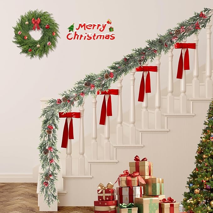 6FT Christmas Garland with Lights, Christmas Decor Pre-lit Artificial Pine Garland with Battery Operated Timer, Decorations Indoor Outdoor Home Holiday Flocked Garland for Mantel Window Stairs Wall