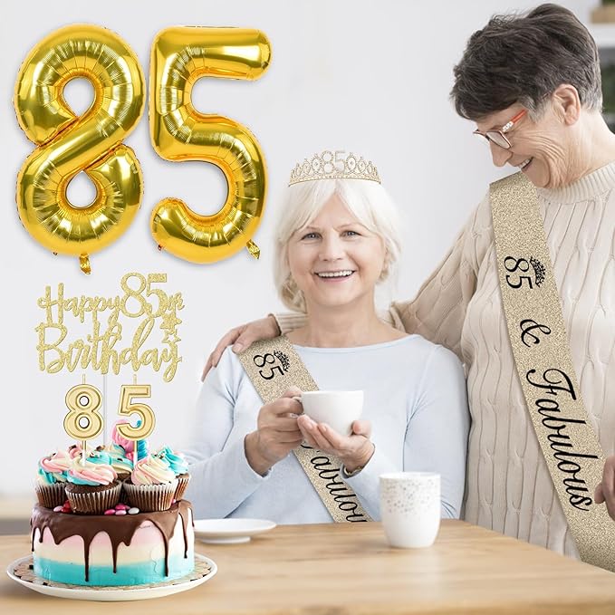 85th Birthday Decorations for Women Gold with 85th Birthday Sash and Tiara, Cake Topper and Candles, Number Balloons, 85 Year Old Gifts for Women