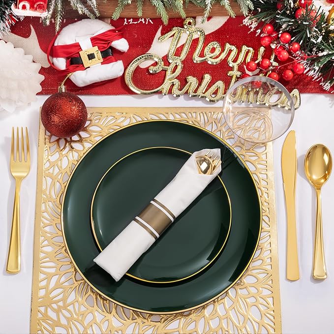 KIRE 350PCS Green Plates Disposable - Heavy Duty Christmas Plates - 50Guest Include Green Plastic Dinnerware - Pro Rolled Napkins with Gold Silverware and Cups for Christmas&Party