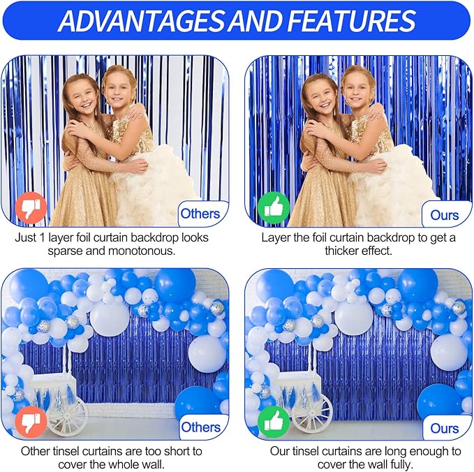 Crosize 7 Pack 3.3 x 9.9 ft Dark Blue Foil Fringe Backdrop Curtain, Streamer Backdrop Curtains, Birthday Party Decorations, Tinsel Curtain for Parties, Galentines Decor, Preppy, Photo Booth