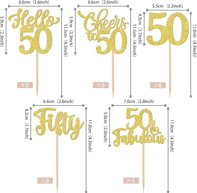 30PCS Happy 50th Birthday Cupcake Toppers Glitter Hello 50 Fabulous Fifty Cheers to 50 Years Old Birthday Cupcake Picks for Happy 50th Birthday Anniversary Party Cake Decorations Supplies Gold