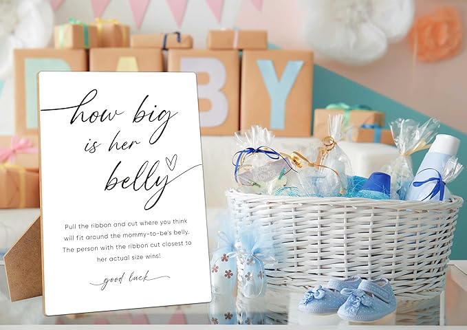 How Big Is Her Belly Sign, Measure the Belly Baby Shower Game， 8×11 Inches Wooden Sign With Stand, Gender Neutral Tabletop Decor for Gender Reveal Party, Baby Shower Decorations
