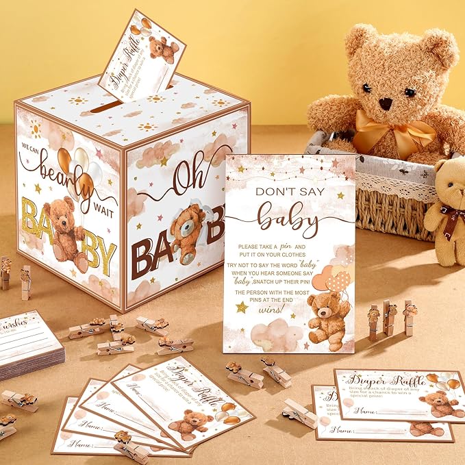 102 Pcs Bear Baby Shower Game Supplies Diaper Raffle Ticket with Diaper Raffle Card Box Don't Say Baby Sign Mini Bear Clothespin Game Decor for Gender Reveal Favor
