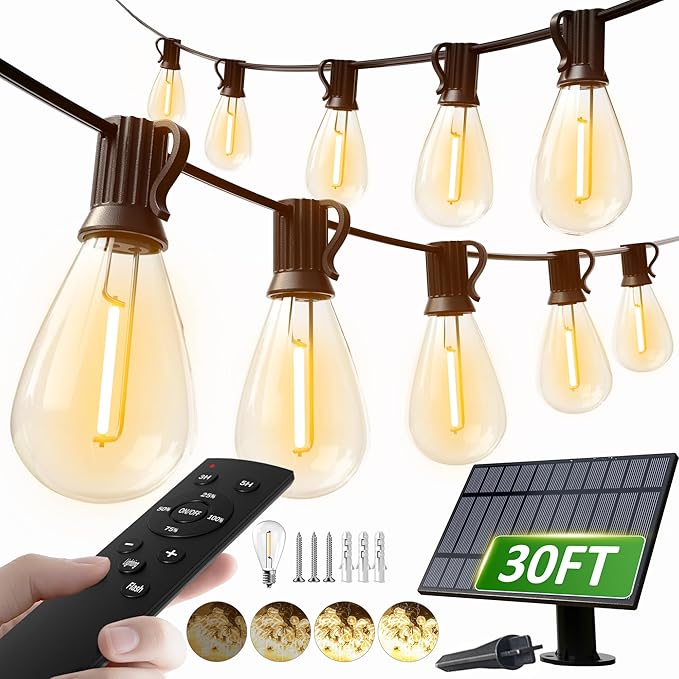 luckystyle 30FT Solar String Lights Outdoor Waterproof 2200K with Remote & USB Charging, 10+1 LED Shatterproof Bulbs, Dimmable & Timable, 3 Light Modes, Long Last for Garden,Patio, Backyard, Camping