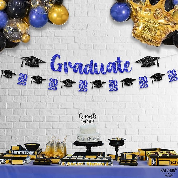 KatchOn, Glitter, Black and Blue Graduation Banner - 10 Feet | Congrats Grad Banner | Black and Blue Grad Decorations Class of 2025 | graduation Cap Garland | Graduation Decorations 2025