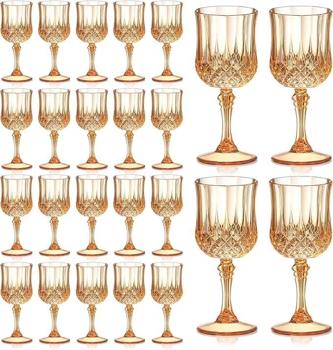 XUWAIDSGN 24 Pcs 7oz Plastic Vintage Wine Glasses Drinking Glasses Unbreakable Wedding Glassware Crystal Water Goblets Reusable Drinkware Vintage Champagne Flutes (24, Amber)