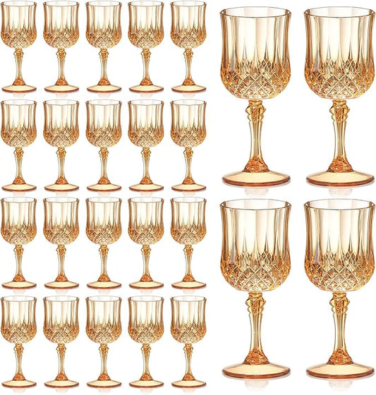 XUWAIDSGN 24 Pcs 7oz Plastic Vintage Wine Glasses Drinking Glasses Unbreakable Wedding Glassware Crystal Water Goblets Reusable Drinkware Vintage Champagne Flutes (24, Amber)