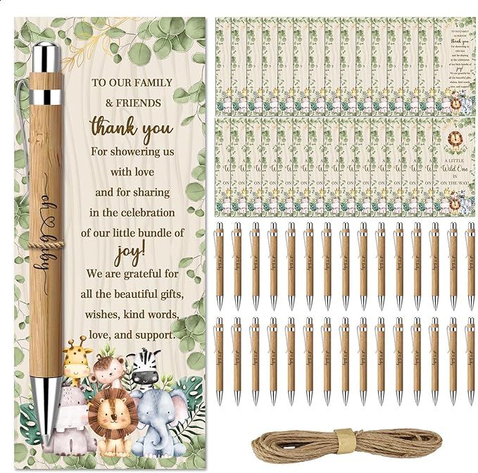 Toerifer 30 Pcs Jungle Baby Shower Gifts, Gender Reveal Souvenirs Prizes, Baby Shower Favors for 30 Guest, Included Bamboo Pens Greeting Cards, Woodland Animal Gender Reveal Party Decorations