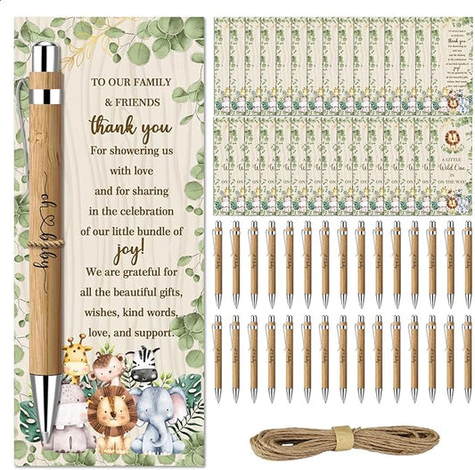 Toerifer 30 Pcs Jungle Baby Shower Gifts, Gender Reveal Souvenirs Prizes, Baby Shower Favors for 30 Guest, Included Bamboo Pens Greeting Cards, Woodland Animal Gender Reveal Party Decorations
