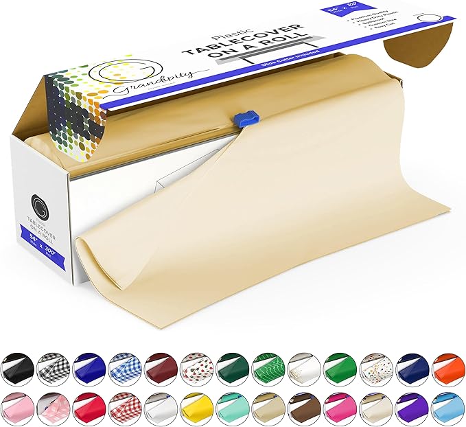 Grandipity Plastic Tablecloth Roll - 54in x 300 Ft. Ivory Plastic Table Cloths for Parties Disposable with Cutter Box - Cut to Size Disposable Tablecloth Table Cover for Rectangle & Round