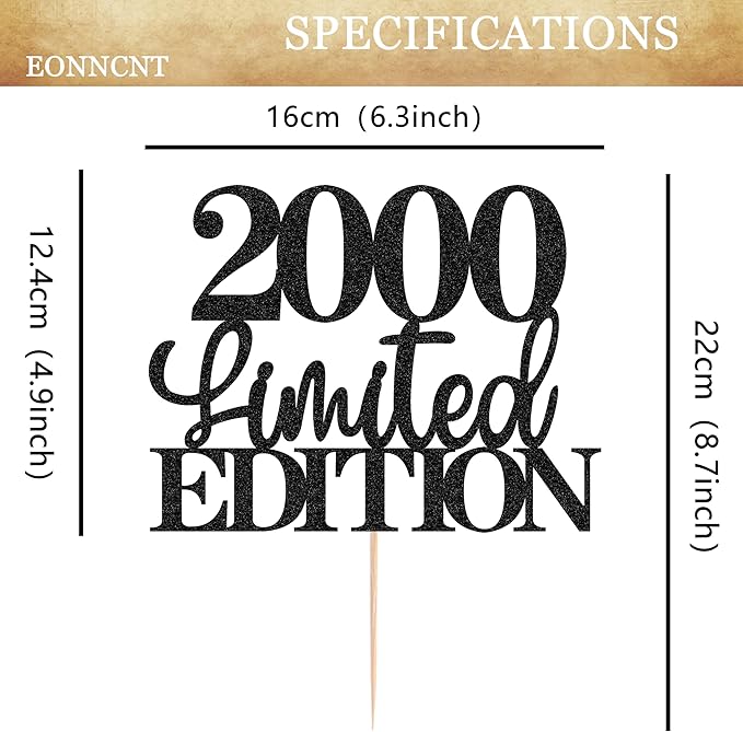 Limited EDITION 2000 Cake Topper - Black Glitter Happy 25th Birthday Party Cake Decoration Supplies, Cheer to 25 Years Cake Bunting Decor for 25th Birthday Party Photo Booth Props