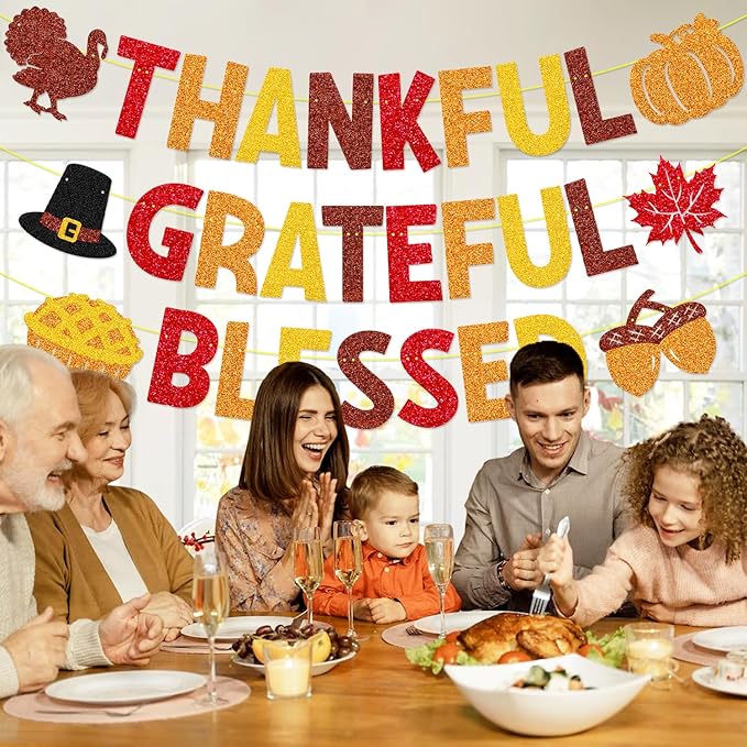Thankful Grateful Blessed Banner Thanksgiving Party Decorations Autumn Turkey Pumpkin Maple Leaves Happy Fall Friendsgiving Harvest Day Party Supplies