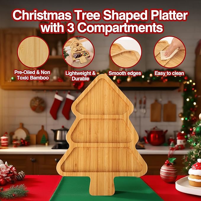 Christmas Serving Tray, Christmas Tree Charcuterie Board, Bamboo Divided Serving Platter Dish for Holiday Party Food Tray for Cheese Snack Fruit 12 x 8.7 x 0.6 Inches
