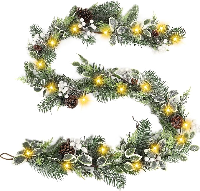 Artgar 6 Ft Christmas Garland, Pre-Lit Christmas Garland - Artificial Garland Christmas Decorations with 30 LED Lights Decorated with Pinecones, Berries for Mantels Dining Tables Porch Decor (White)