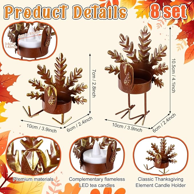 Meanplan 8 Sets 2-in-1 Turkey Candle Holder Set Turkey Tealight and Metal Votive Candle Holders Thanksgiving Table Centerpiece Decor Sitting Standing Turkeys Candlesticks for Home Table Mantle Decor