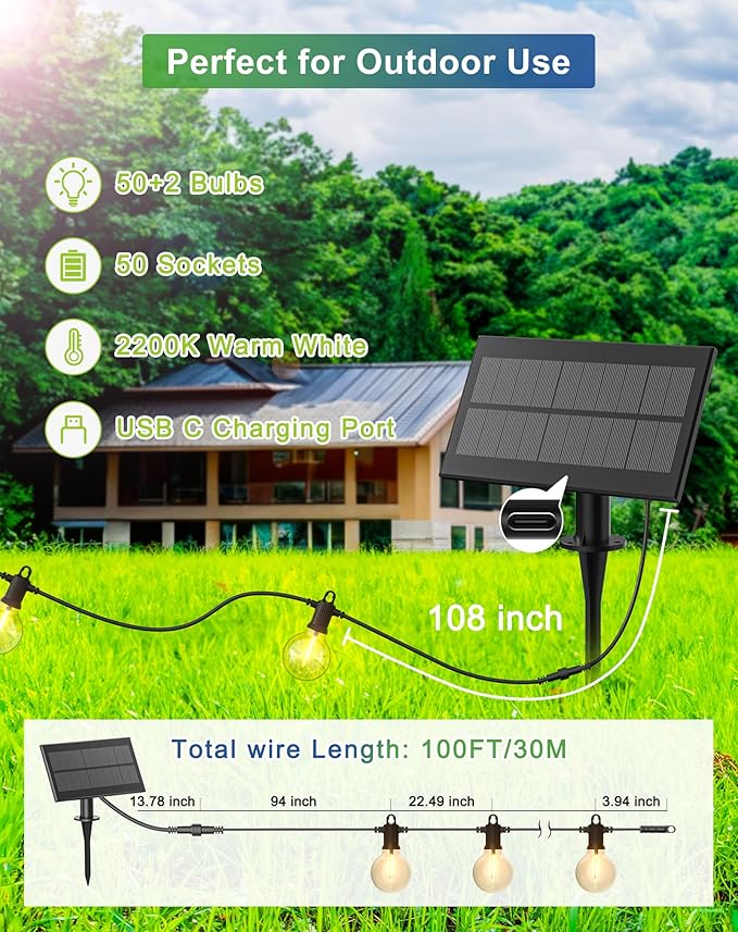 Solar String Lights Outdoor Waterproof 100FT with USB Port and 52 Shatterproof G40 Bulbs(2 Spare), LED Solar Powered Patio Lights for Outside, Porch, Backyard, Gazebo, Garden(Warm White)