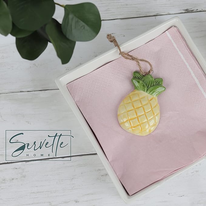 White Ceramic Lunch Napkin Holder with Roped Weight - Pineapple