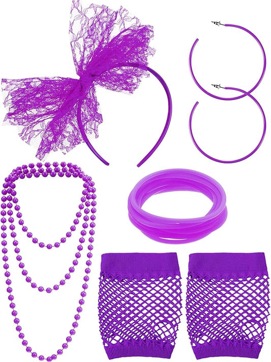 Blulu 80s Costume Accessories for Women Lace Headband Earrings Fishnet Gloves Necklace Bracelet for 80s Retro Party