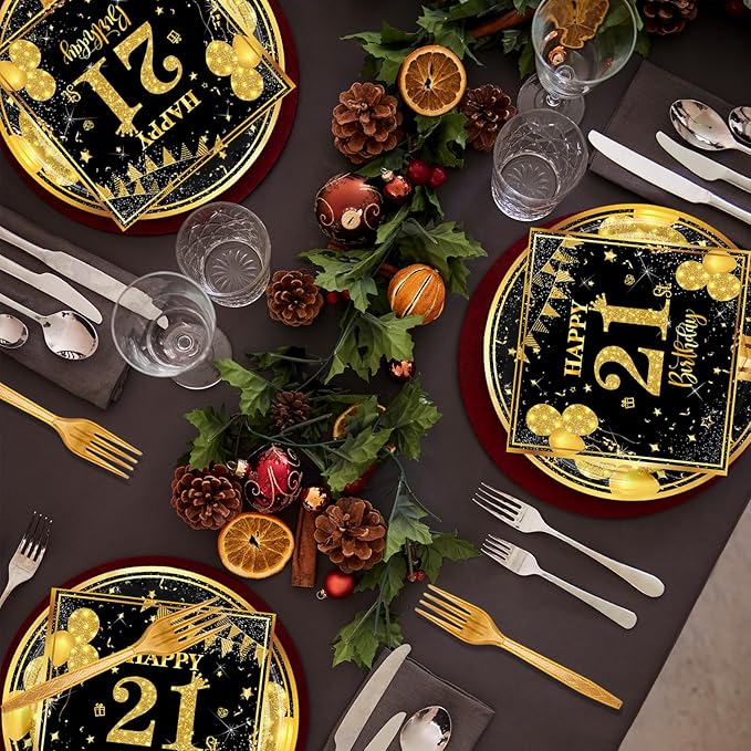 21th 7 inch Birthday Party Paper Plates and Napkins Forks 60 pcs Black Gold Birthday Decorations for Boys Girls Tableware Set Anniversary Party Supplies,Serve 20
