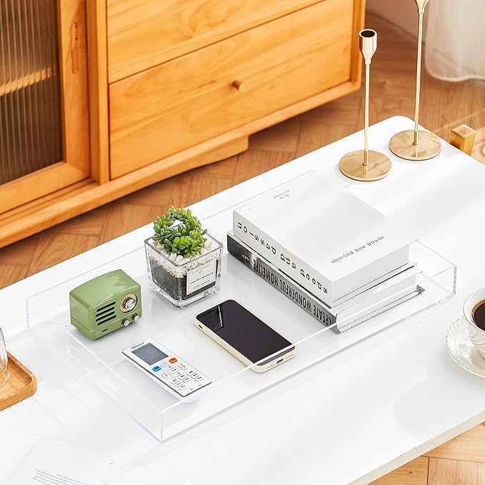 Clear Sturdy Acrylic Serving Tray with Handles 12x20x2H Inches -Spill Proof- Decorative Trays Countertop Organizer for Ottoman Coffee Table Nightstand, sidetable, Breakfast, Tea, Food