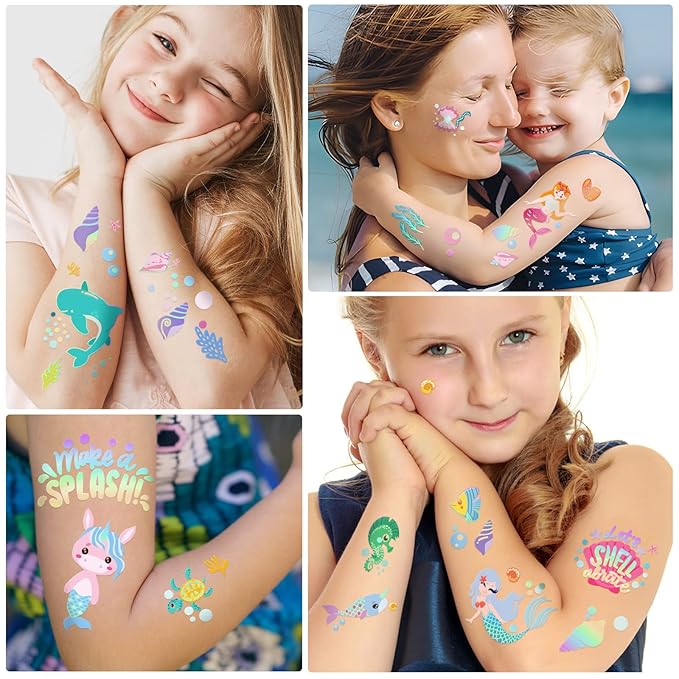 Temporary Tattoos Mermaid for Kids, 80+ Metallic Foil Style Bronzing Fake Tattoos, 4 Sheets Glitter Tattoos, Birthday Party Supplies, Easter Present, Ocean Animal Stickers for Boy and Girls